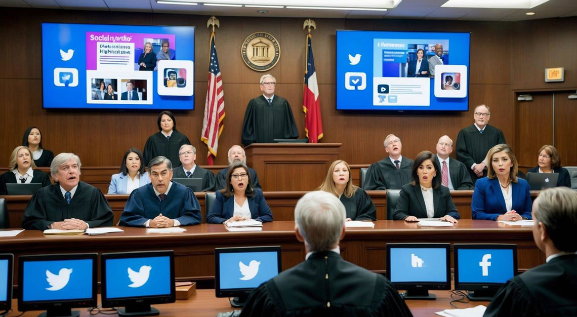 A courtroom with a judge, jury, and lawyers. Screens displaying social media posts and evidence. Emotions of surprise and concern on faces