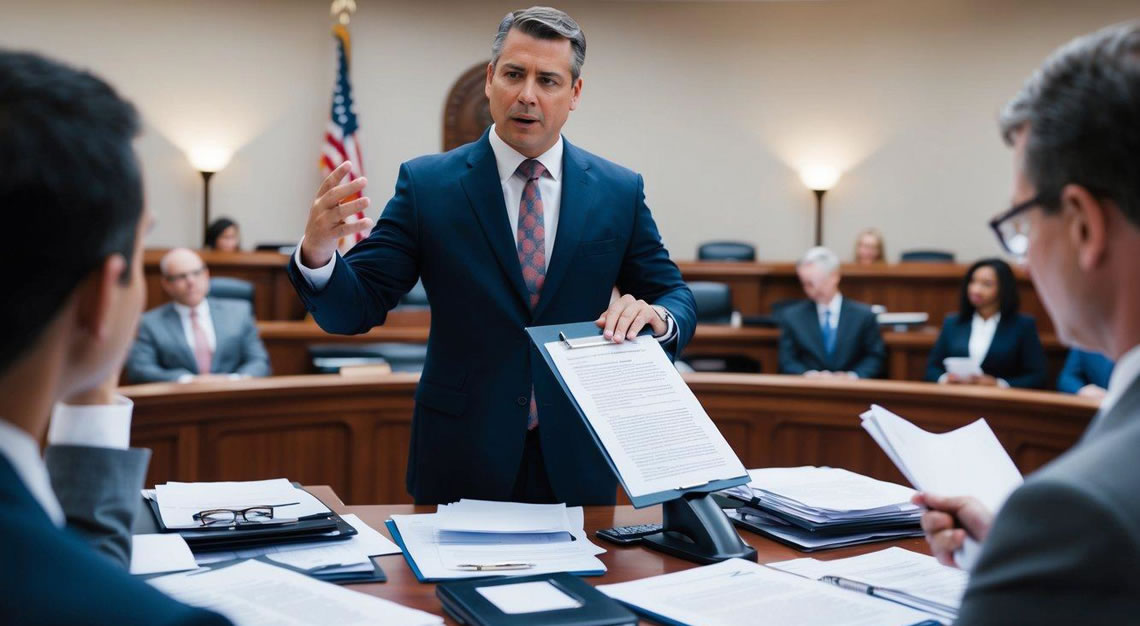 A white collar crime lawyer in Arizona stands confidently in a courtroom, surrounded by legal documents and evidence, while addressing a judge and jury
