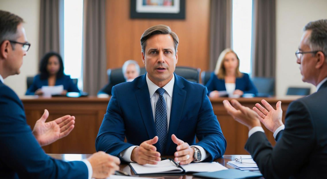 A white collar crime lawyer in Arizona presents evidence and arguments in a courtroom setting, defending their client against criminal charges